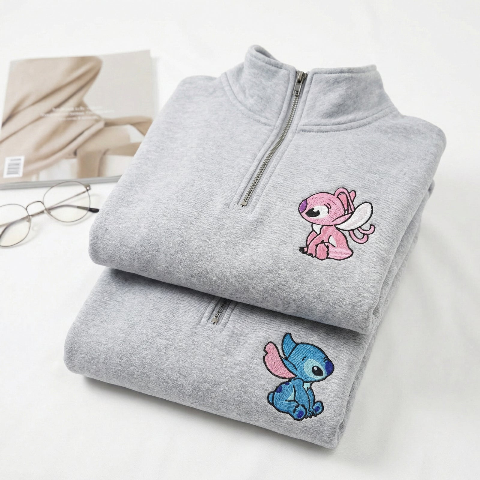 Couples Embroidered Quarter Zip Sweatshirt - Unique Cartoon Duo Matching Full-Zip Hoodie