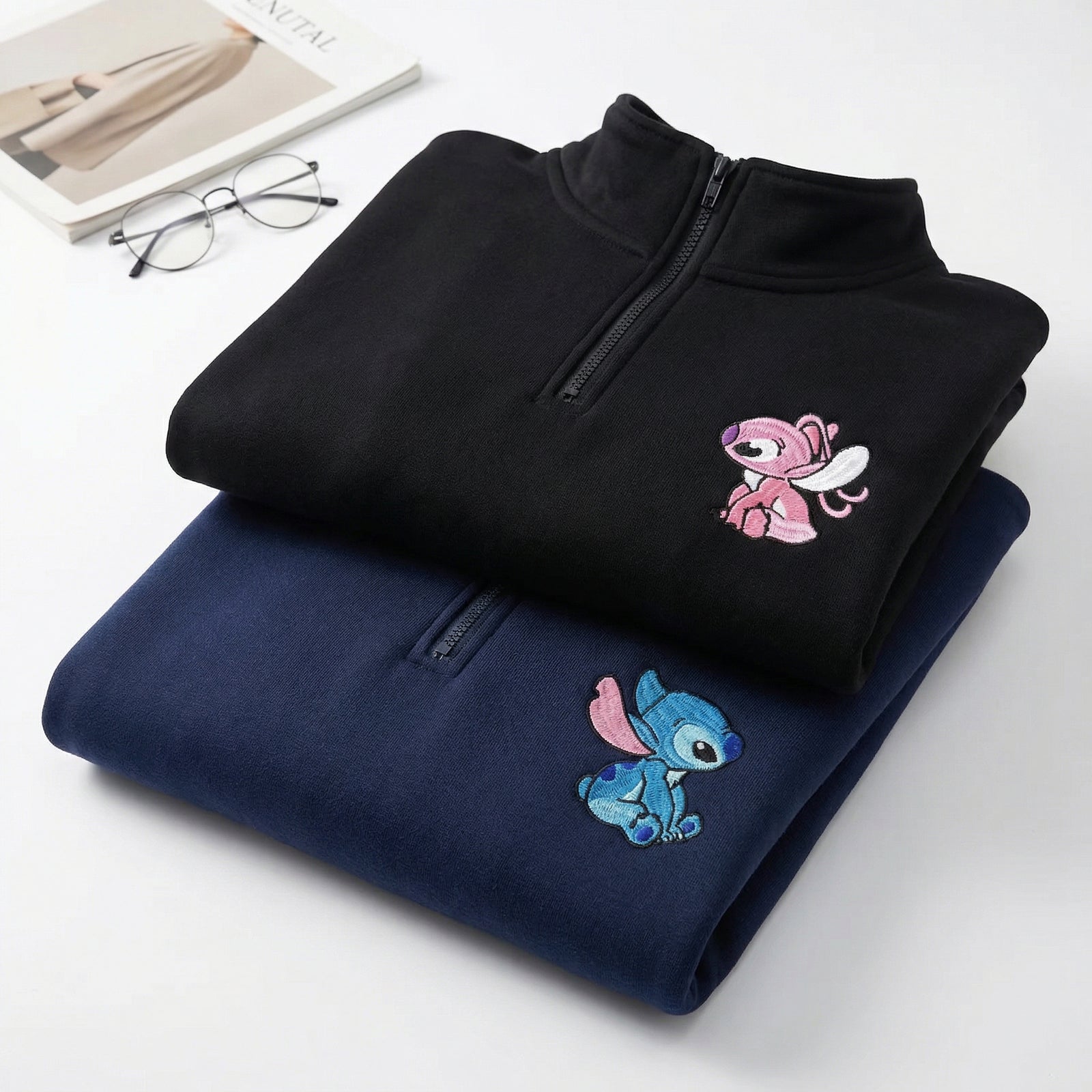 Couples Embroidered Quarter Zip Sweatshirt - Unique Cartoon Duo Matching Full-Zip Hoodie