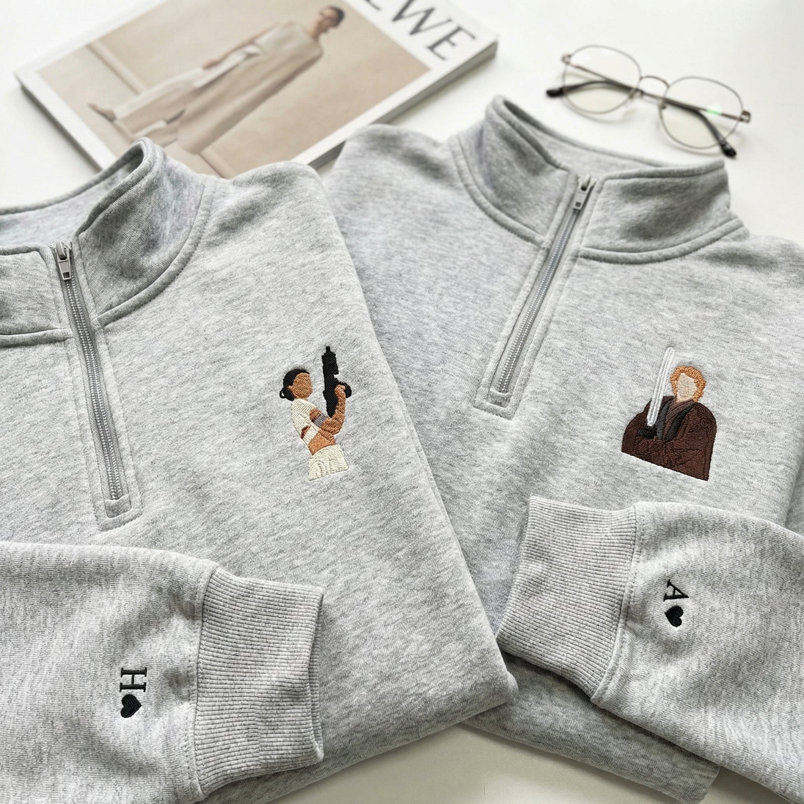 Couples Embroidered Quarter Zip Sweatshirts - Romantic Galaxy-Inspired Matching Full-Zip Hoodie