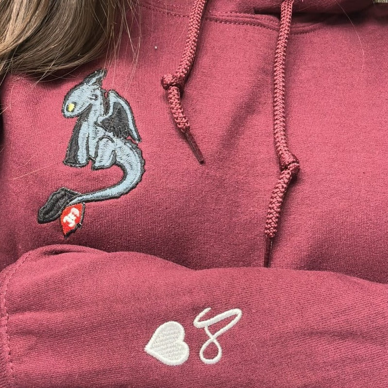 Custom Embroidered Hoodies For Couples, Custom Matching Couple Hoodie, Cartoon Cute Black Dragon x White Dragon Couples Embroidered Hoodie