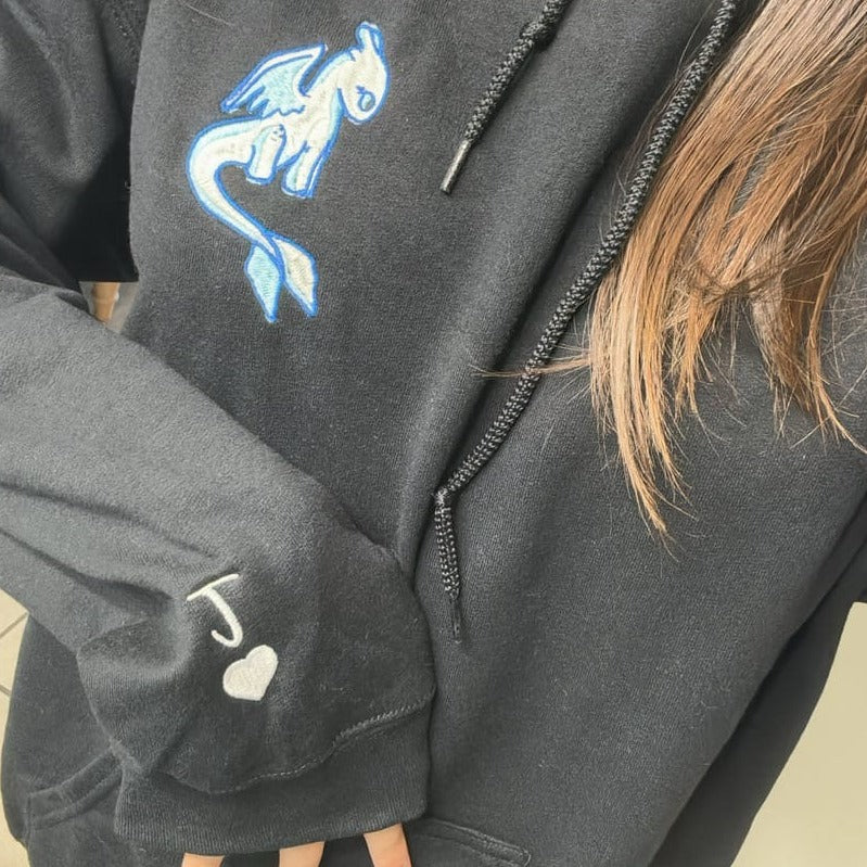 Custom Embroidered Hoodies For Couples, Custom Matching Couple Hoodie, Cartoon Cute Black Dragon x White Dragon Couples Embroidered Hoodie