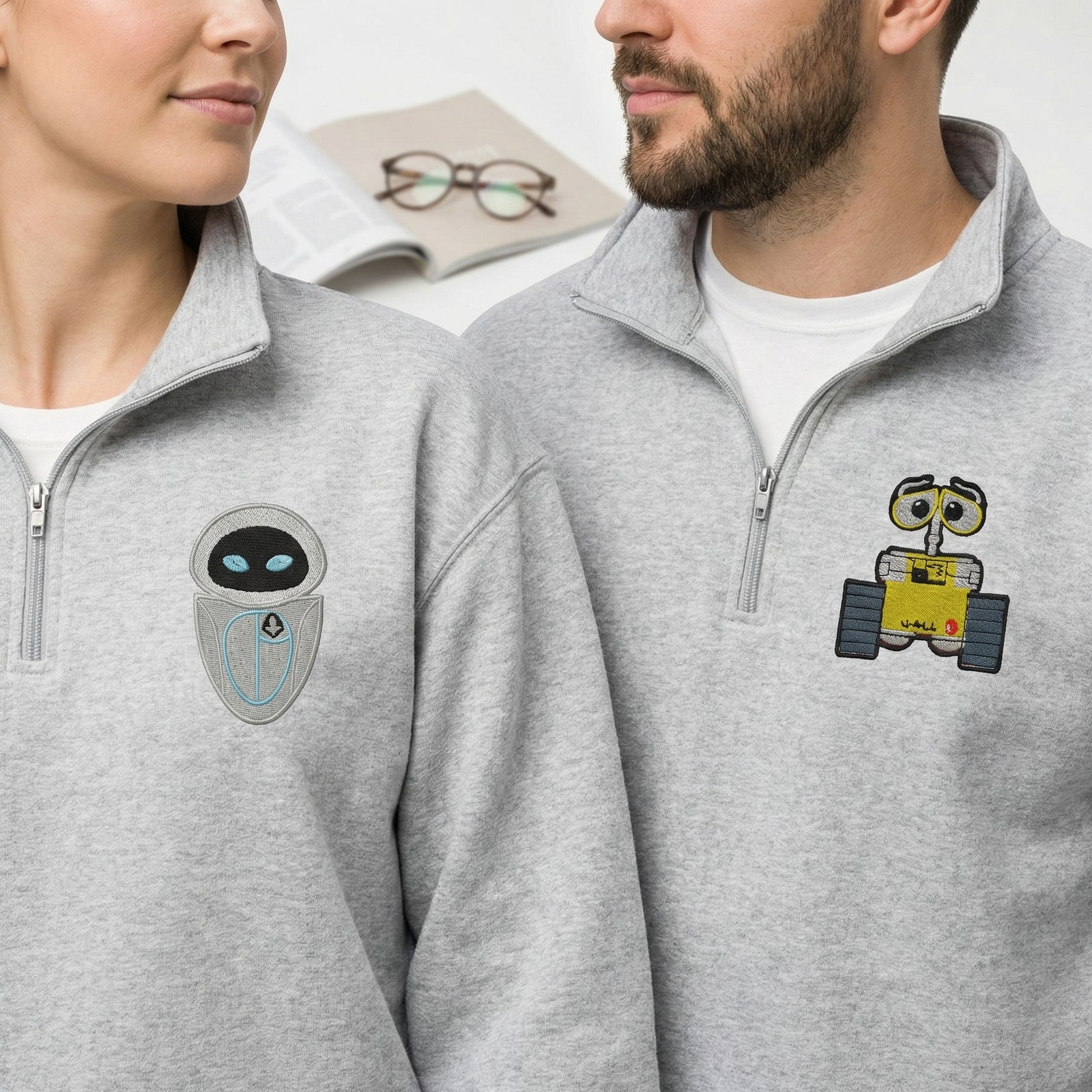 Custom Couple Quarter Zip Sweatshirt - His and Her Robot Lovers Matching Full-Zip Hoodie