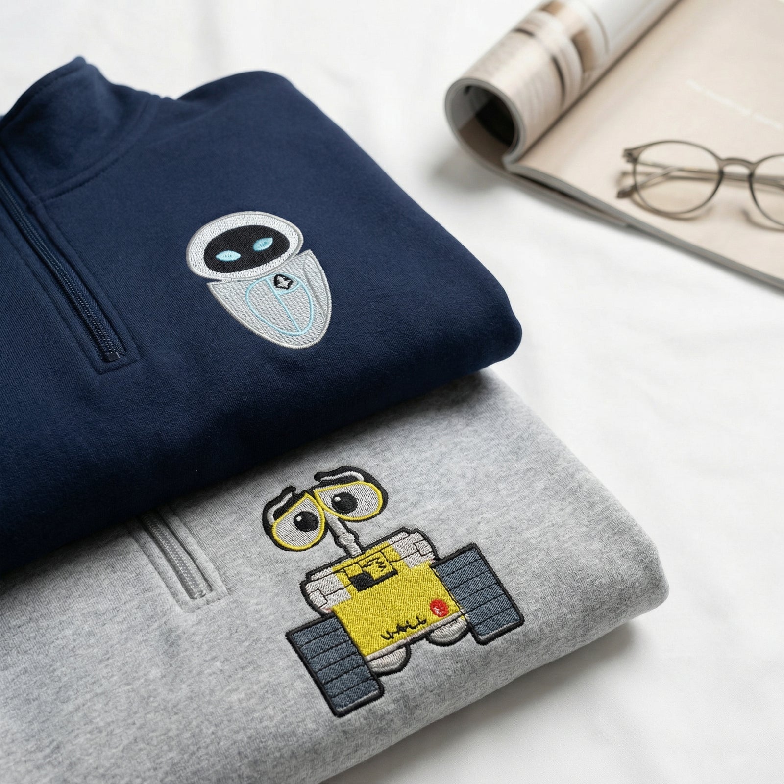 Custom Couple Quarter Zip Sweatshirt - His and Her Robot Lovers Matching Full-Zip Hoodie