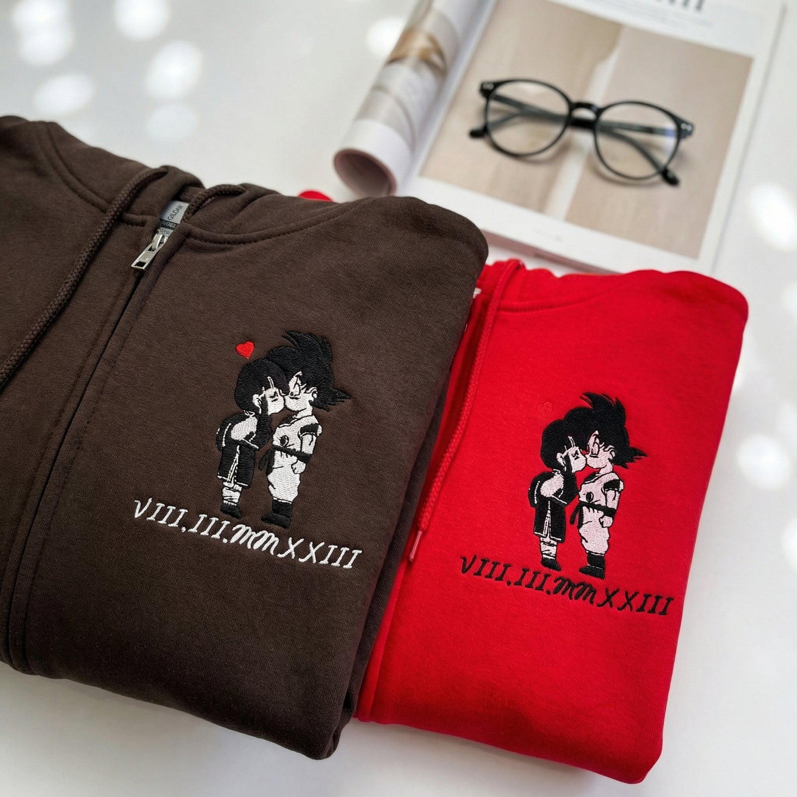 Custom Couple Quarter Zip Sweatshirts - Sweet Cartoon Lovers Roman Numeral Matching Full-Zip Hoodie