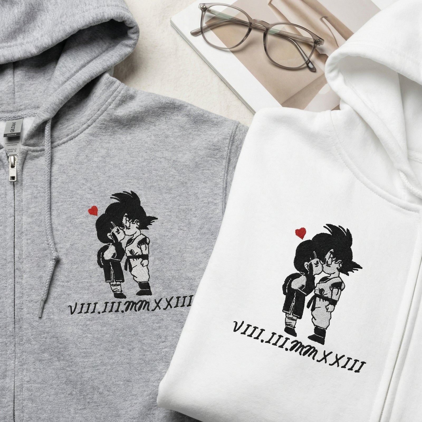 Custom Couple Quarter Zip Sweatshirts - Sweet Cartoon Lovers Roman Numeral Matching Full-Zip Hoodie