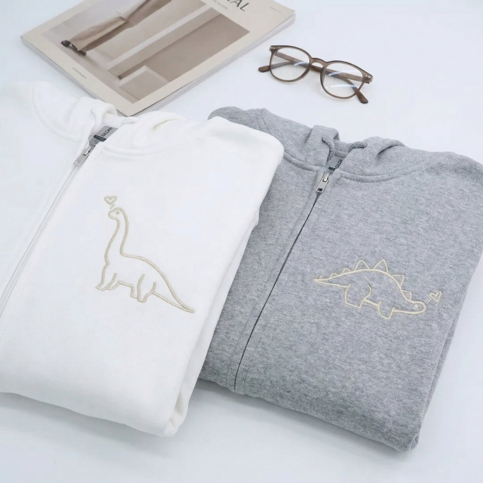 Custom Dinosaurs Embroidered Matching Couple Quarter Zip Sweatshirt & Full-Zip Hoodie