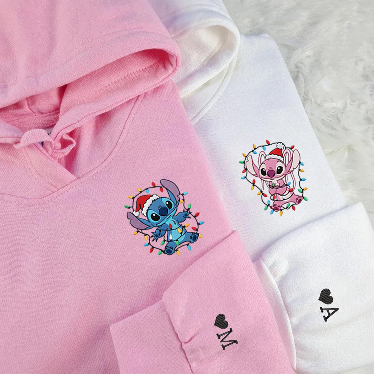 Custom Embroidered Adorable Alien Cartoon Duo Christmas Hoodie with Lights, Cozy Holiday Style Sweatshirt Matching for Couples