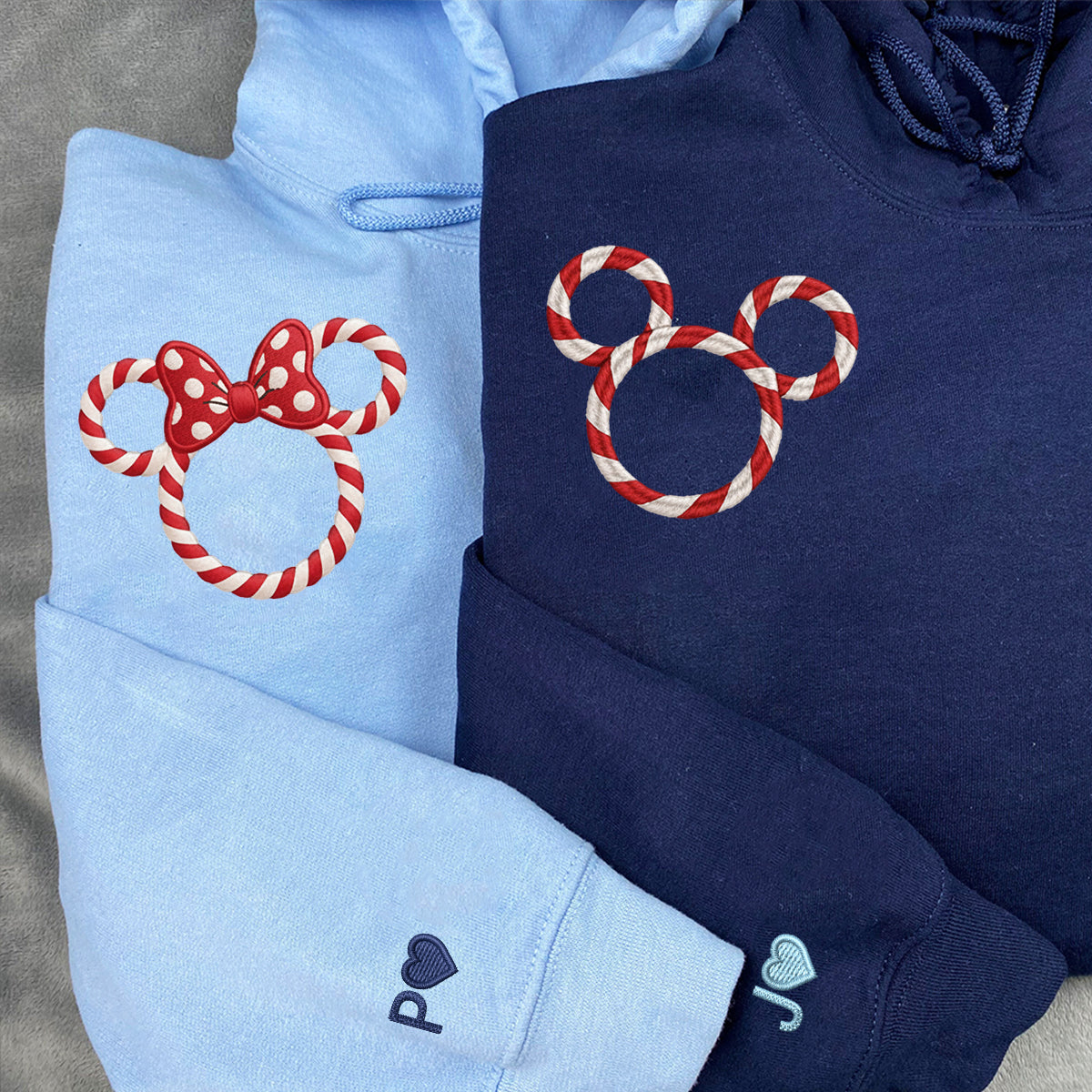 Custom Embroidered Candy Cane Mouse Couple Christmas Sweatshirt, Custom Holiday Hoodie Matching for Couples