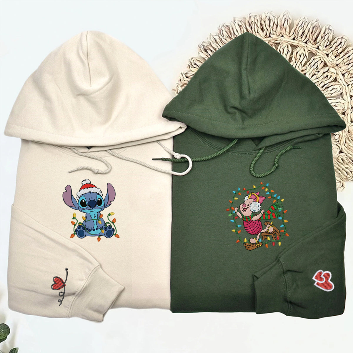 Custom Embroidered Cartoon Alien Buddy and Pig Friend Christmas Hoodie, Warm Festive Sweatshirt Matching for Couples