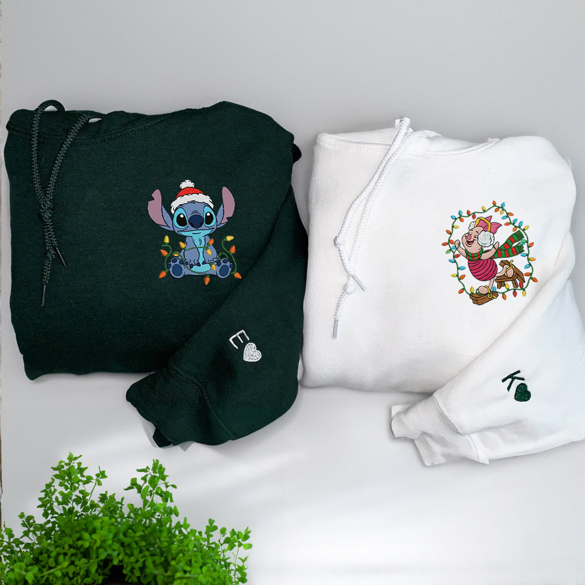 Custom Embroidered Cartoon Alien Buddy and Pig Friend Christmas Hoodie, Warm Festive Sweatshirt Matching for Couples