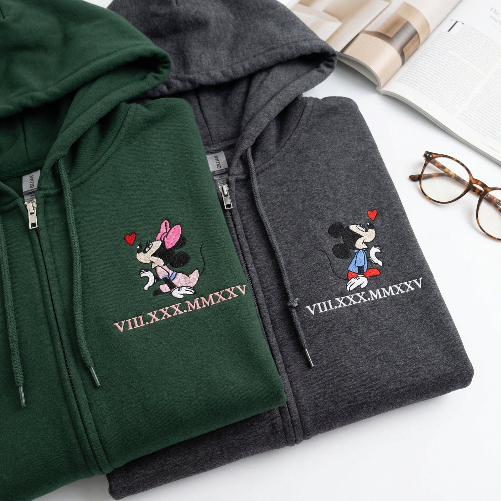 Custom Embroidered Cartoon Mouse Heart Roman Numeral Date Matching Quarter Zip Sweatshirts & Full-Zip Hoodie for Couples