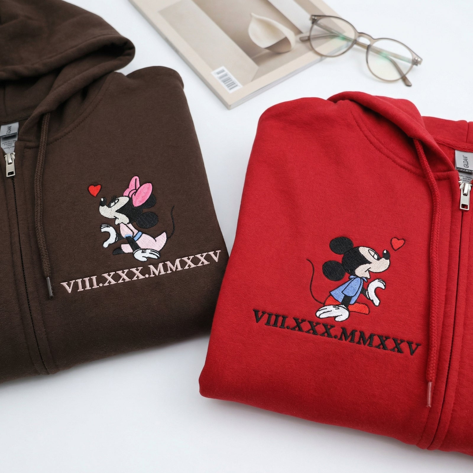 Custom Embroidered Cartoon Mouse Heart Roman Numeral Date Matching Quarter Zip Sweatshirts & Full-Zip Hoodie for Couples