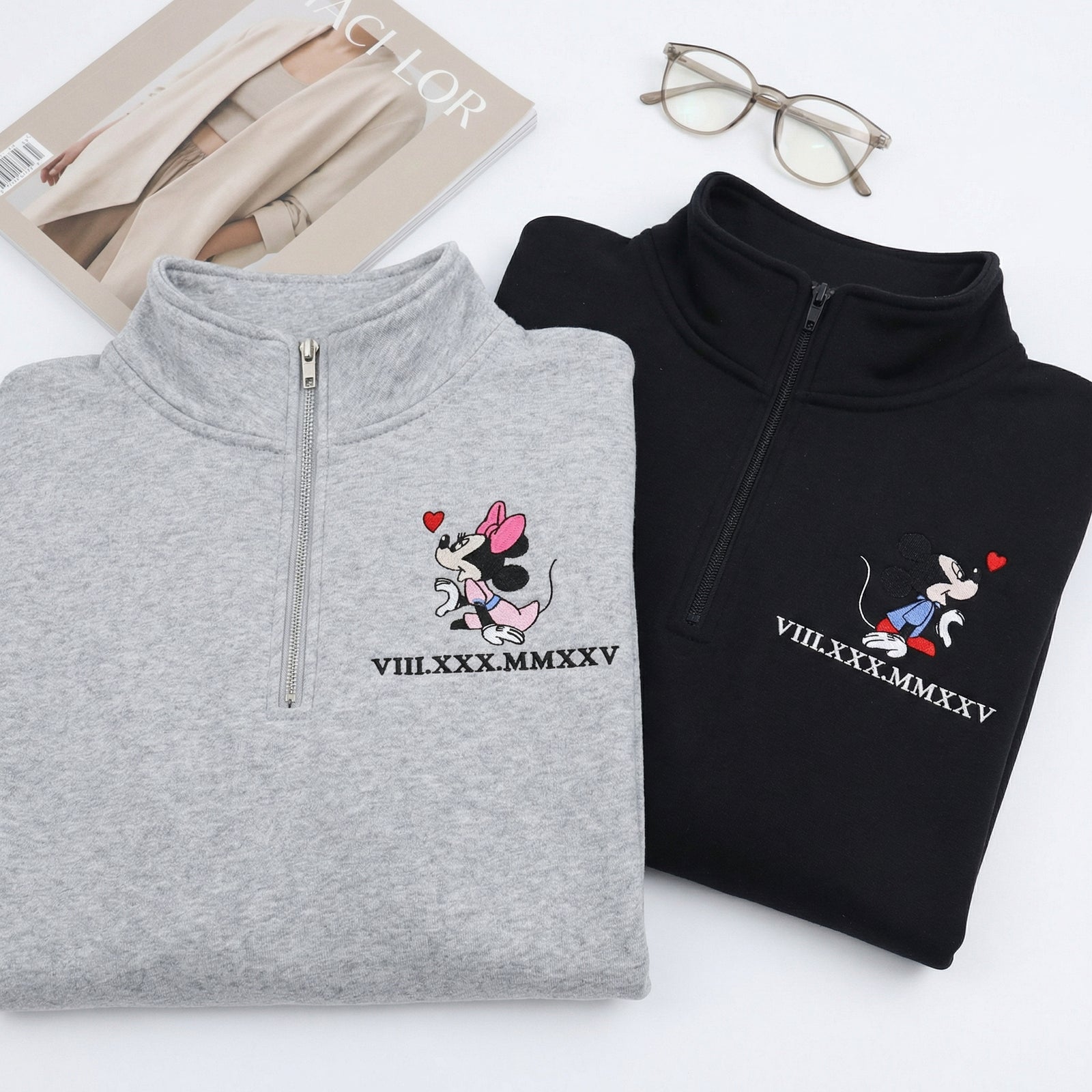 Custom Embroidered Cartoon Mouse Heart Roman Numeral Date Matching Quarter Zip Sweatshirts & Full-Zip Hoodie for Couples