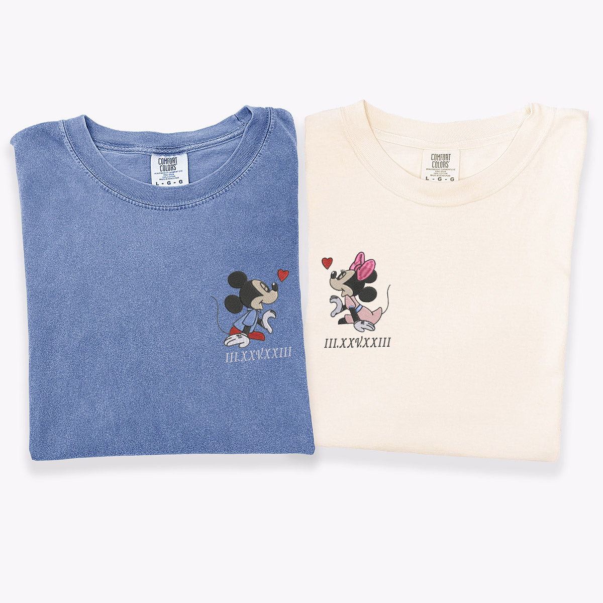 Custom Embroidered Cartoon Mouse Heart Roman Numeral Date Matching T-shirts for Couples