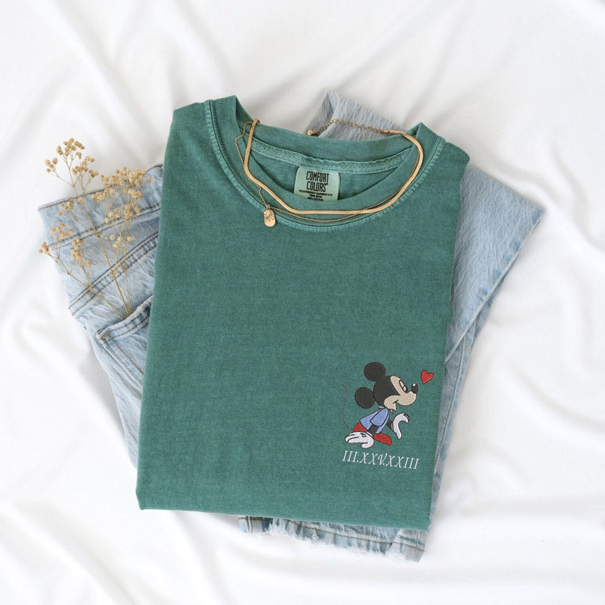 Custom Embroidered Cartoon Mouse Heart Roman Numeral Date Matching T-shirts for Couples