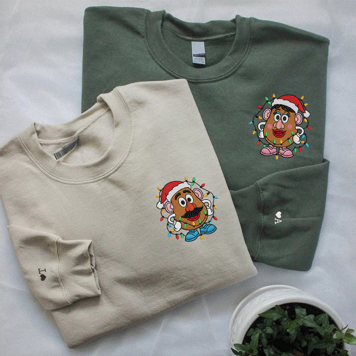 Custom Embroidered Cartoon Potato Couple Christmas Hoodie, Cozy Holiday Sweatshirt Matching for Couples