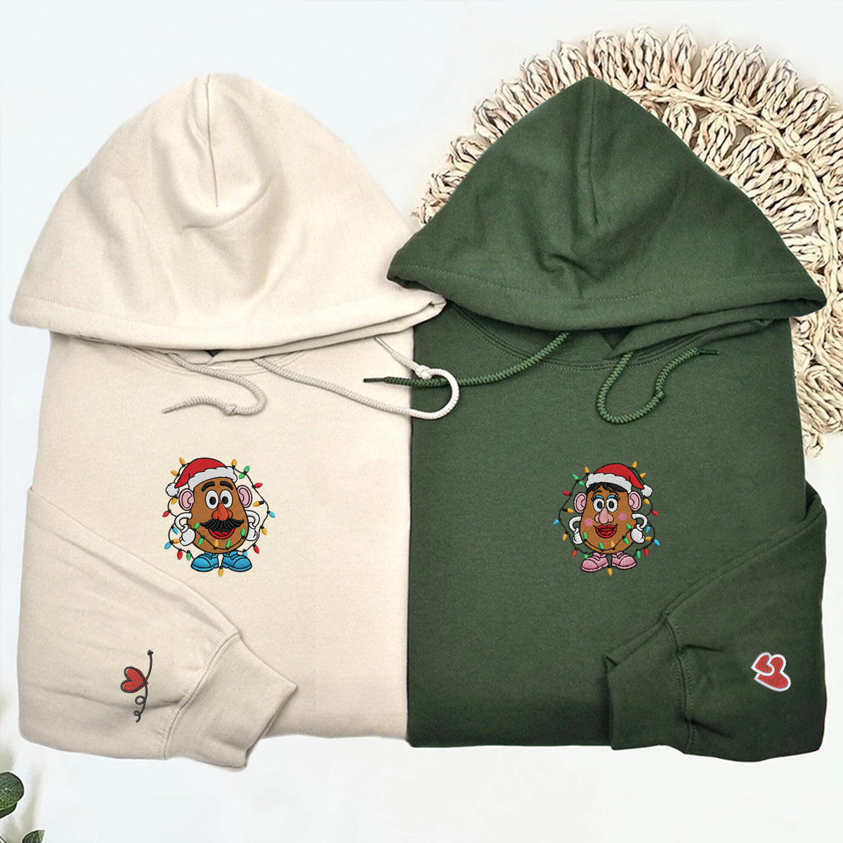 Custom Embroidered Cartoon Potato Couple Christmas Hoodie, Cozy Holiday Sweatshirt Matching for Couples