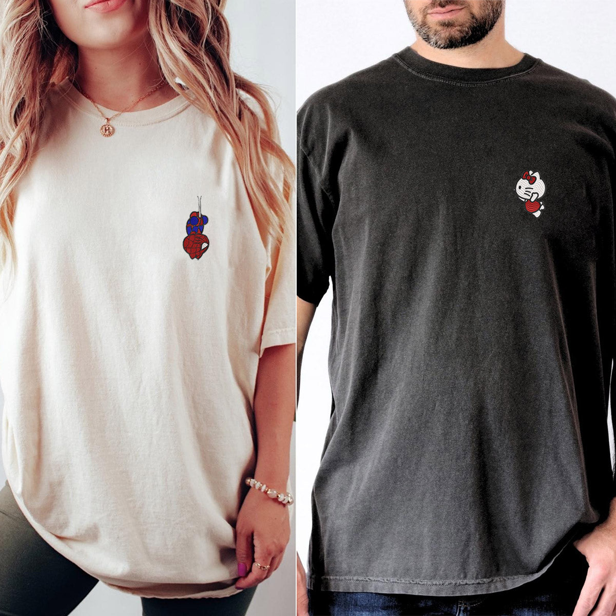 Custom Embroidered Cartoon Spider and Kitten V2 Matching T-shirts for Couples