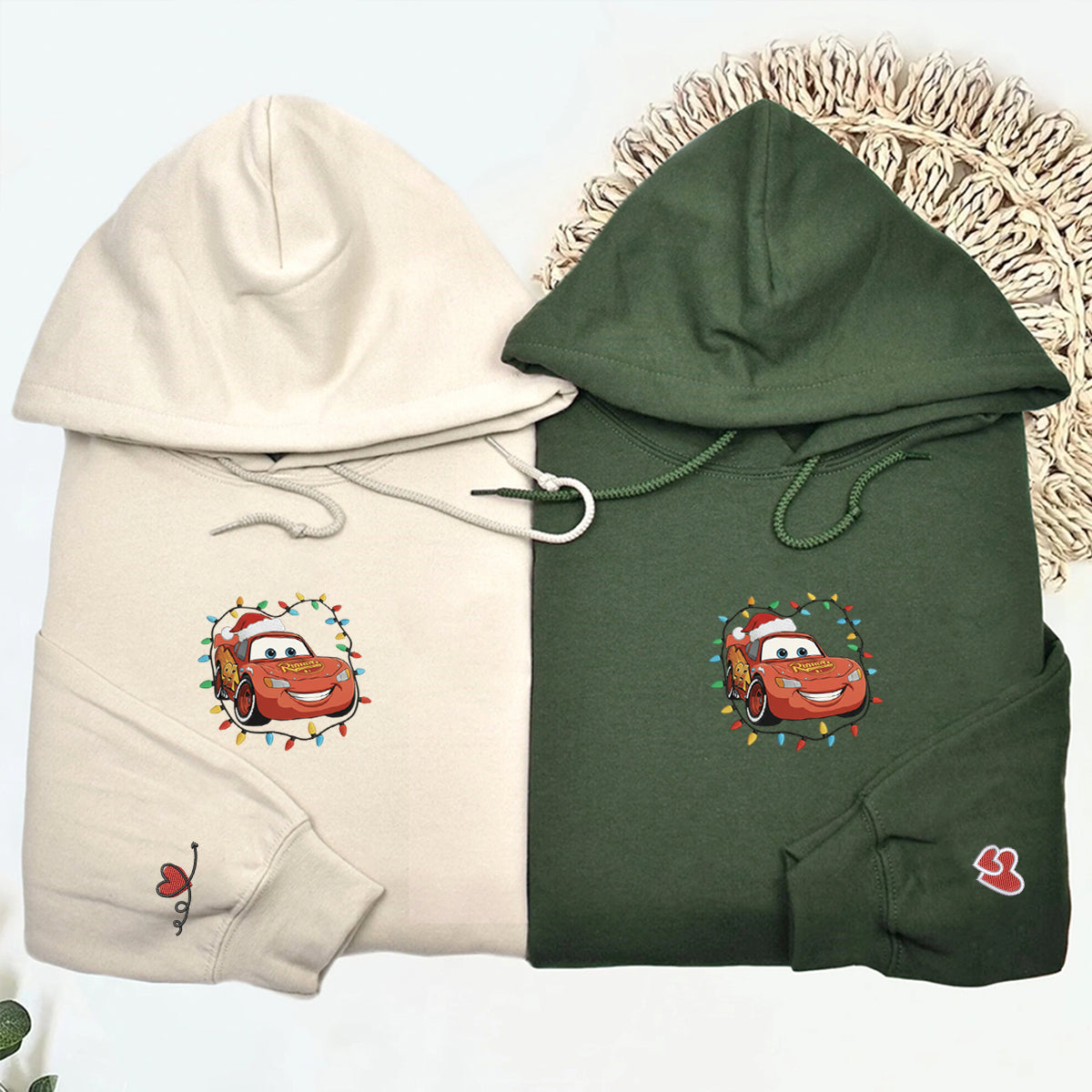 Custom Embroidered Cheerful Racing Car Christmas Lights Hoodie, Cozy Winter Style Sweatshirt Matching for Couples