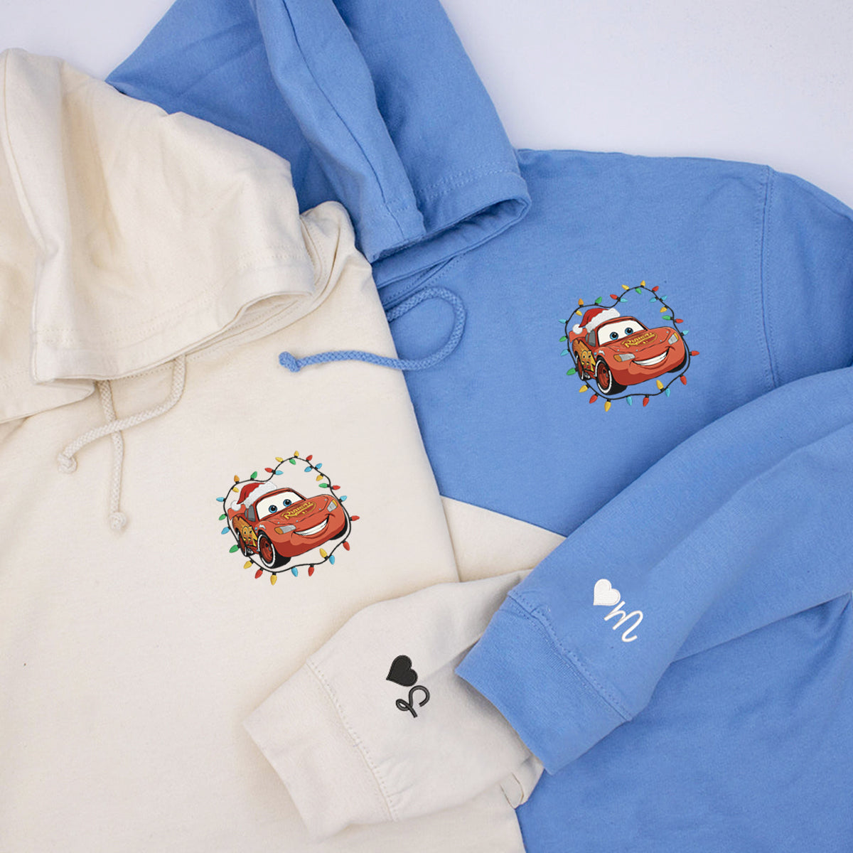 Custom Embroidered Cheerful Racing Car Christmas Lights Hoodie, Cozy Winter Style Sweatshirt Matching for Couples