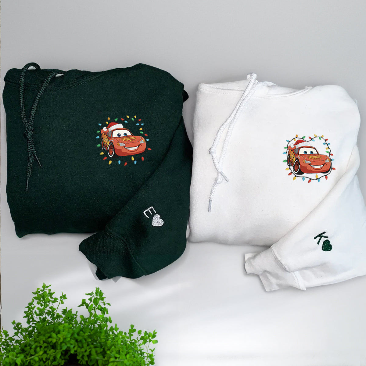 Custom Embroidered Cheerful Racing Car Christmas Lights Hoodie, Cozy Winter Style Sweatshirt Matching for Couples