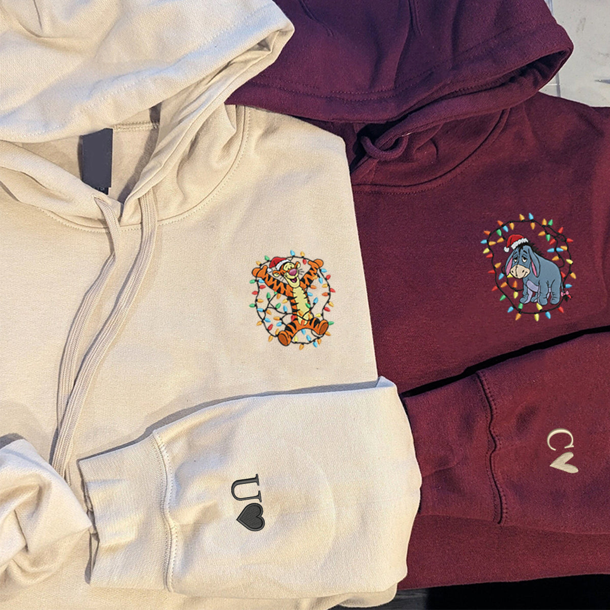 Custom Embroidered Cheerful Tiger and Blue Donkey Cartoon Holiday Hoodie, Cozy Winter Season Sweatshirt Matching for Couples