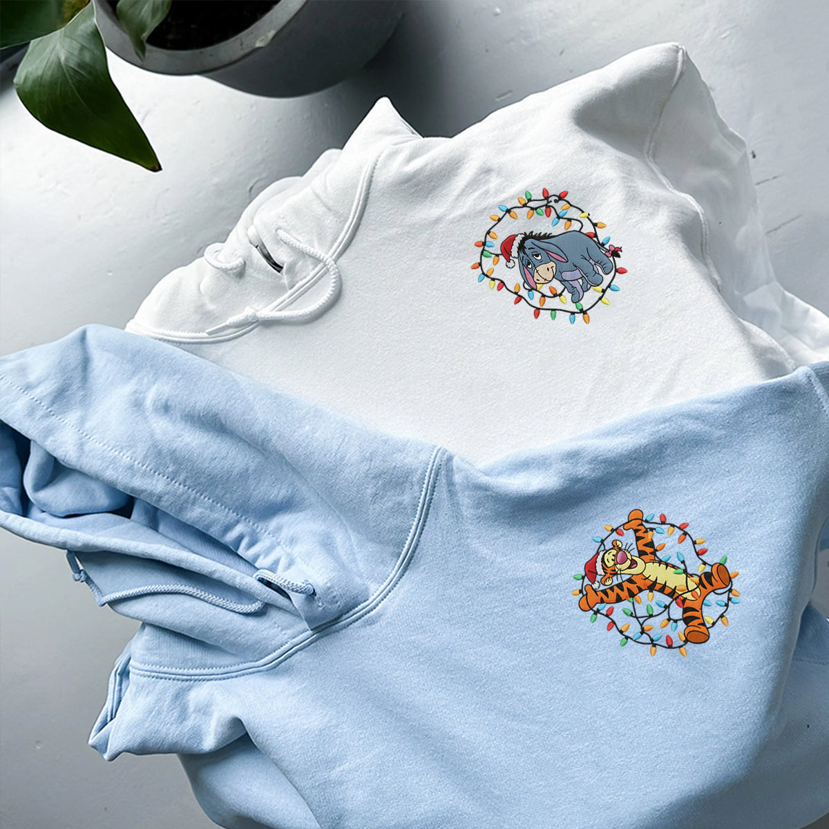 Custom Embroidered Cheerful Tiger and Blue Donkey Cartoon Holiday Hoodie, Cozy Winter Season Sweatshirt Matching for Couples