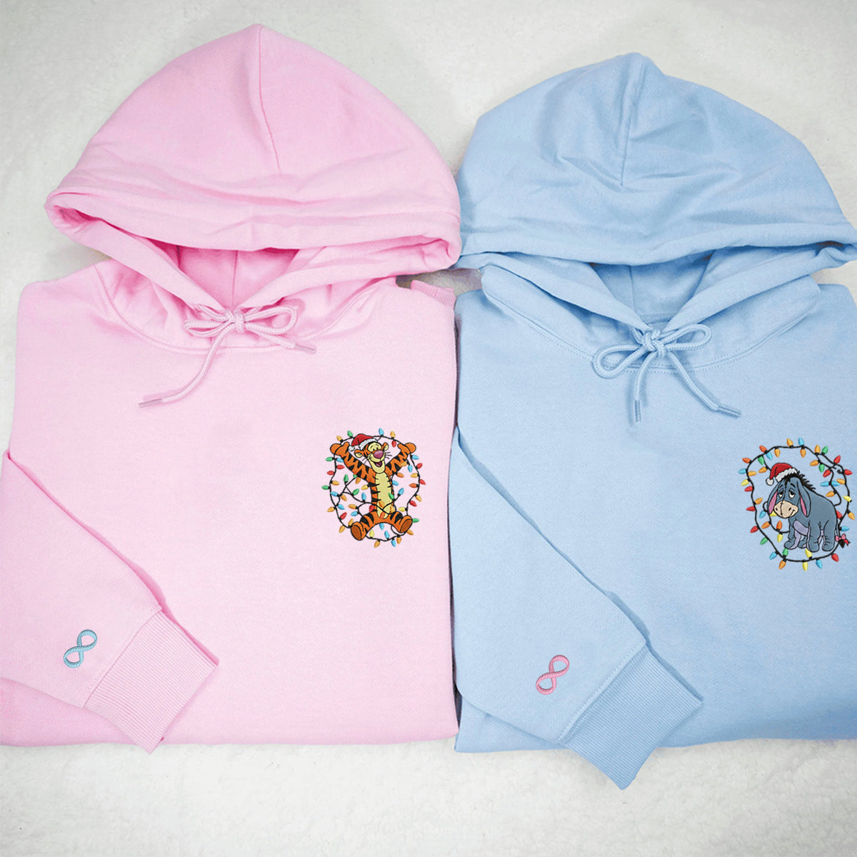 Custom Embroidered Cheerful Tiger and Blue Donkey Cartoon Holiday Hoodie, Cozy Winter Season Sweatshirt Matching for Couples