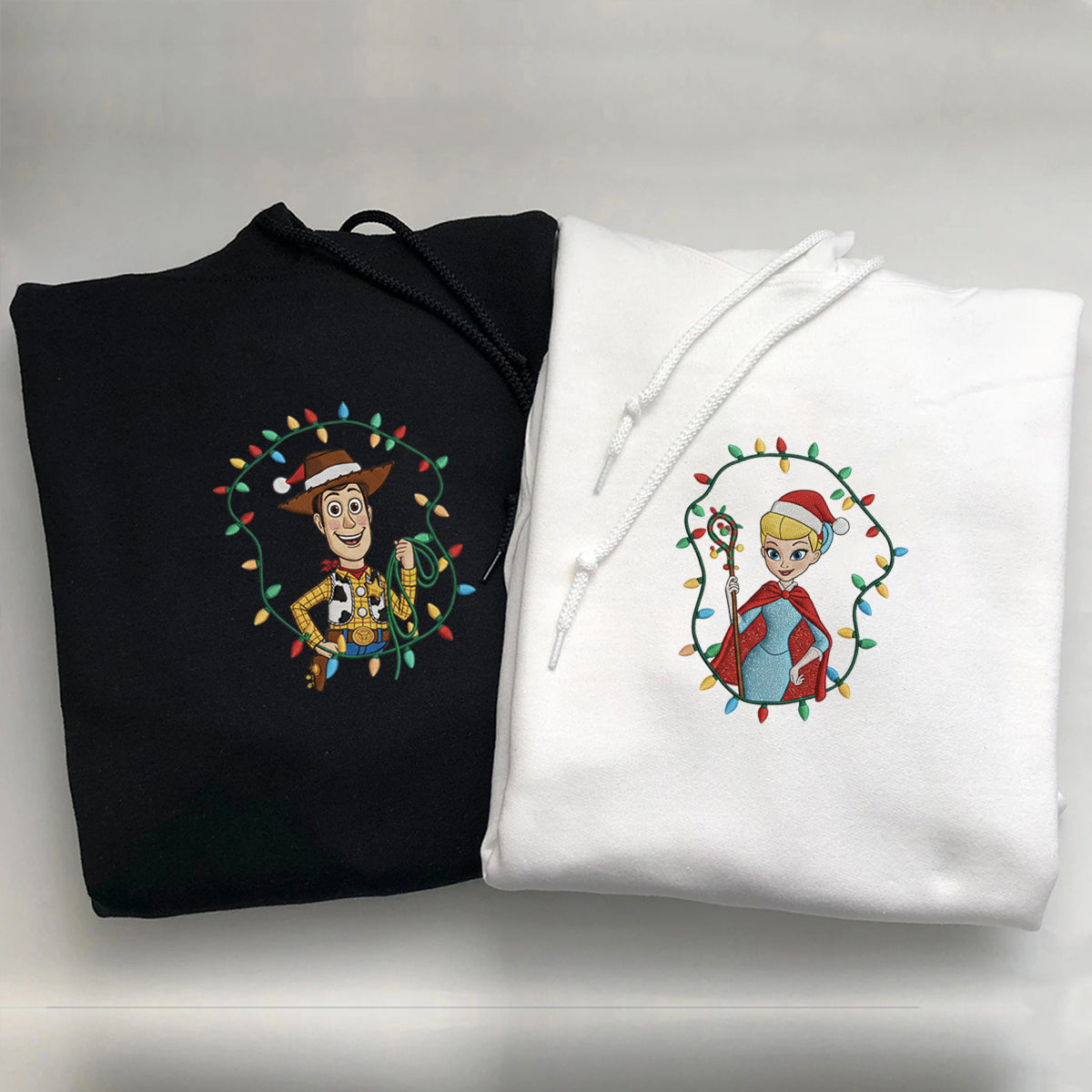 Custom Embroidered Cowboy and Shepherd Girl Cartoon Christmas Sweatshirt, Holiday Lights Hoodie Matching for Couples
