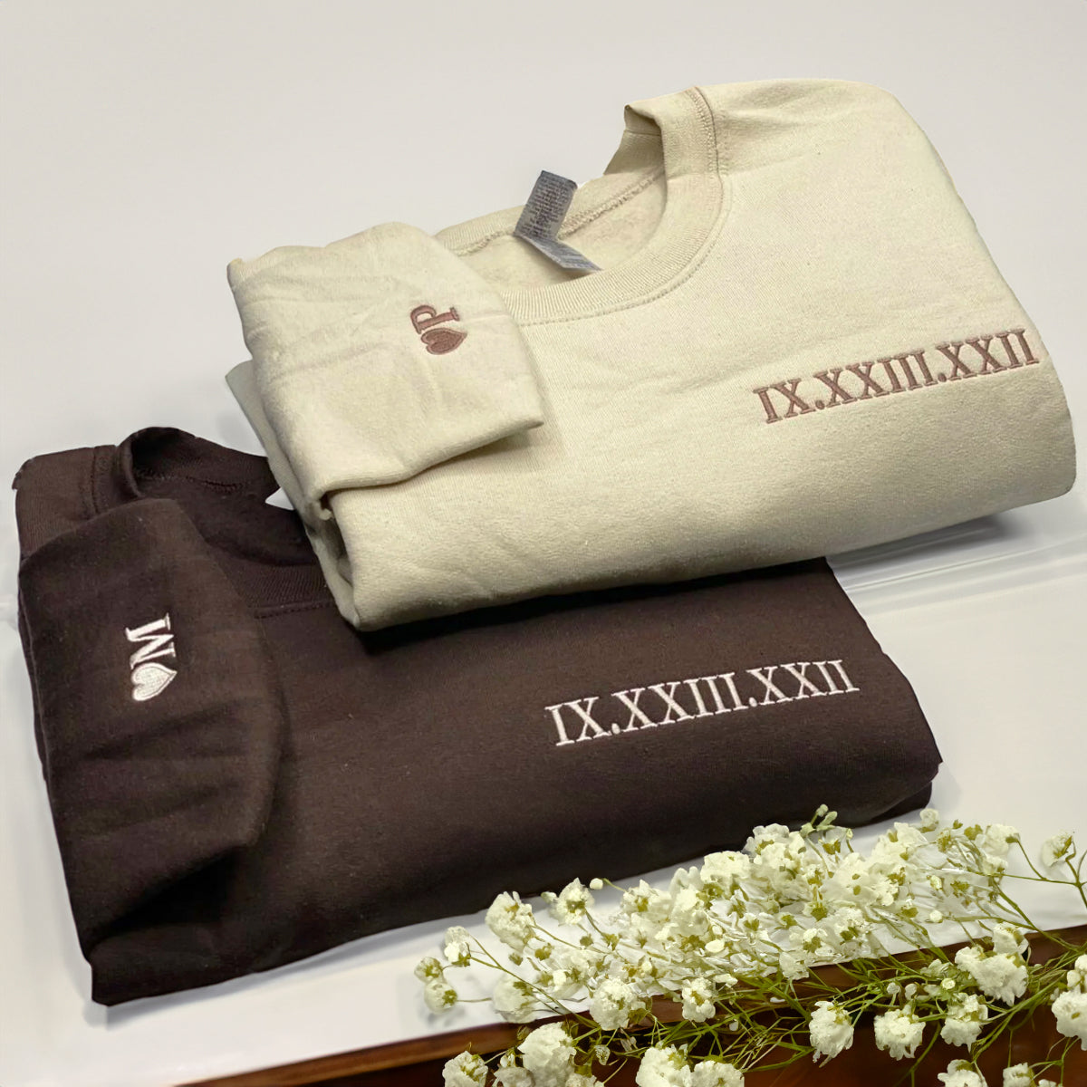 Custom Embroidered Crewneck Sweatshirt Roman Numeral Initial Anniversary Gift On Sleeve