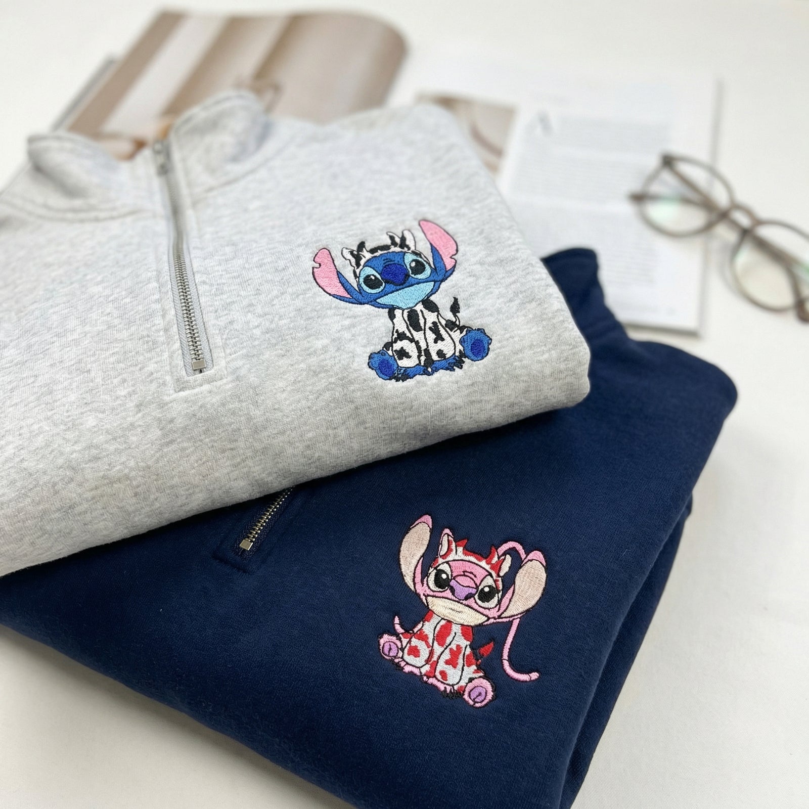 Custom Embroidered Cute Cow Cartoon Duo Quarter Zip Sweatshirts - Matching Full-Zip Hoodie