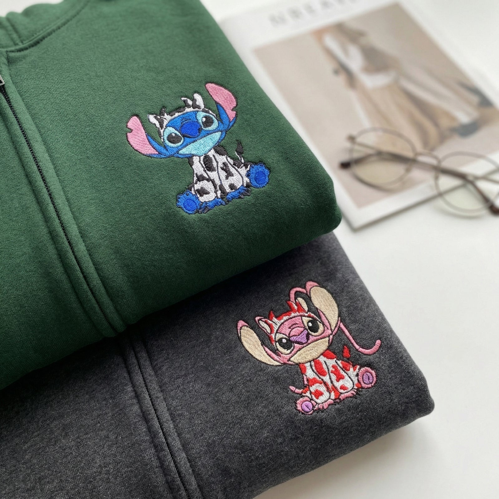 Custom Embroidered Cute Cow Cartoon Duo Quarter Zip Sweatshirts - Matching Full-Zip Hoodie