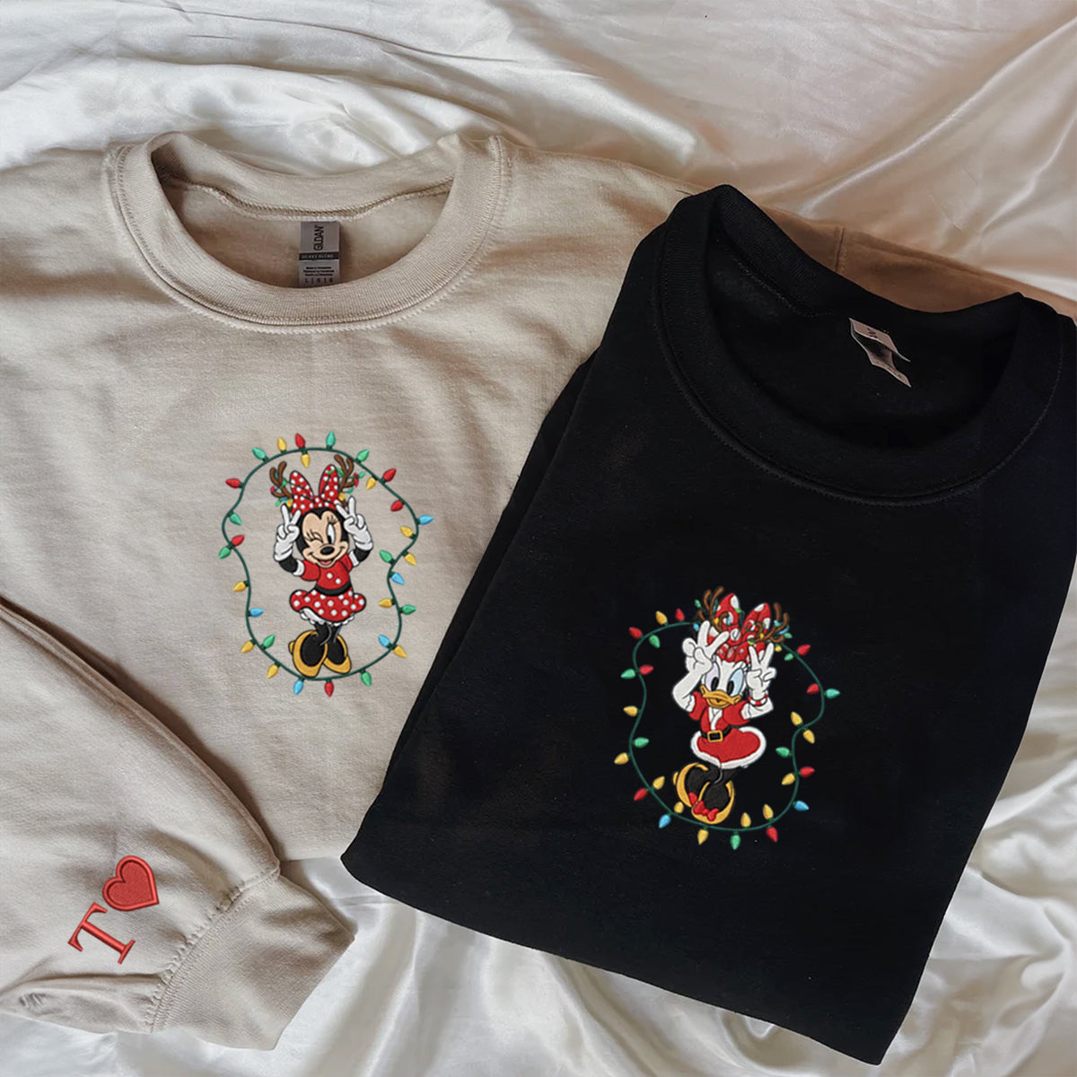 Custom Embroidered Cute Mouse Girl & Duck Bestie Christmas Sweatshirt, Festive Holiday Lights Hoodie Matching for Couples