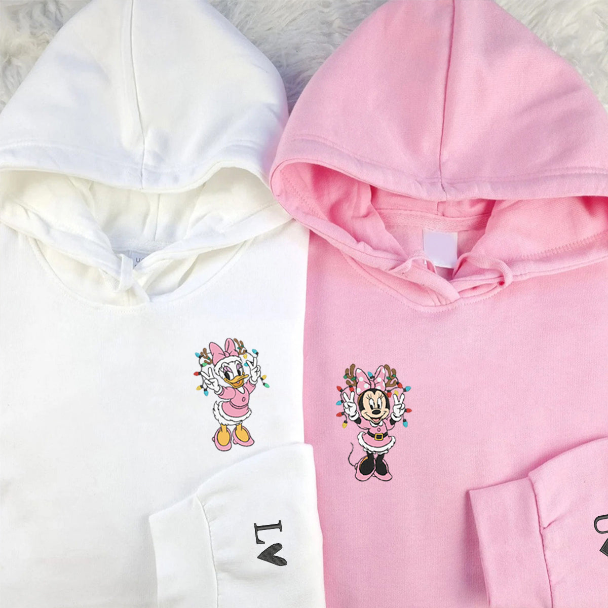 Custom Embroidered Cute Mouse and Duck Friends Xmas Sweatshirt - Festive Winter Style Hoodie Matching for Couples