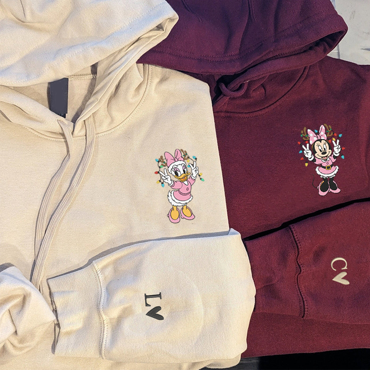 Custom Embroidered Cute Mouse and Duck Friends Xmas Sweatshirt - Festive Winter Style Hoodie Matching for Couples