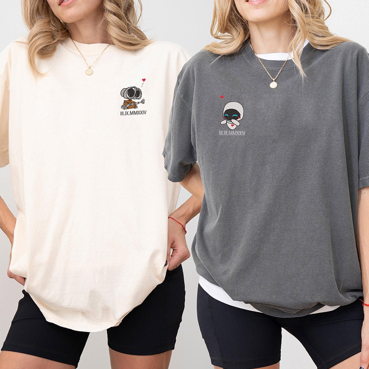 Custom Embroidered Cute Robot Couple Balloon Cartoon T-shirts for Couples