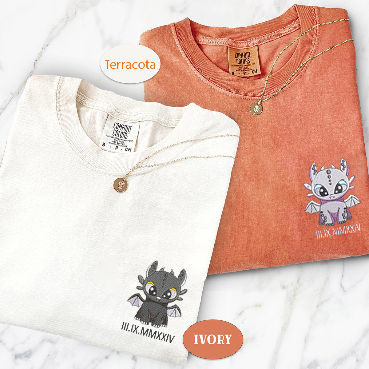 Custom Embroidered Dragon's Lovely Characters Matching T-shirts for Couples