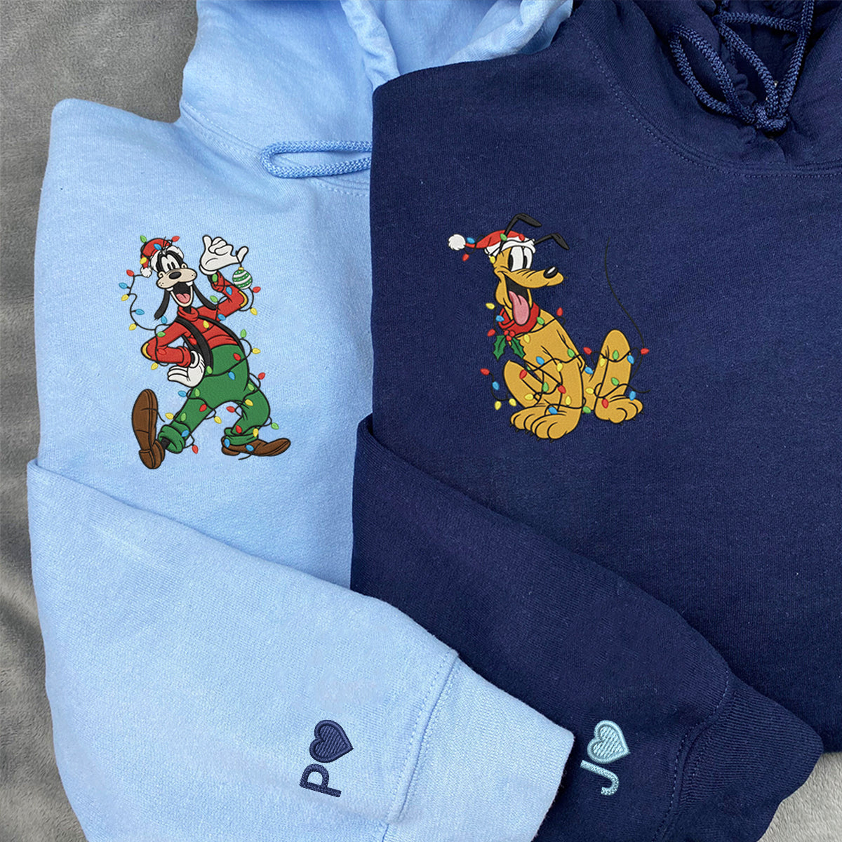 Custom Embroidered Funny Cartoon Dog and Yellow Pup Christmas Lights Sweatshirt, Cozy Holiday Hoodie Matching for Couples