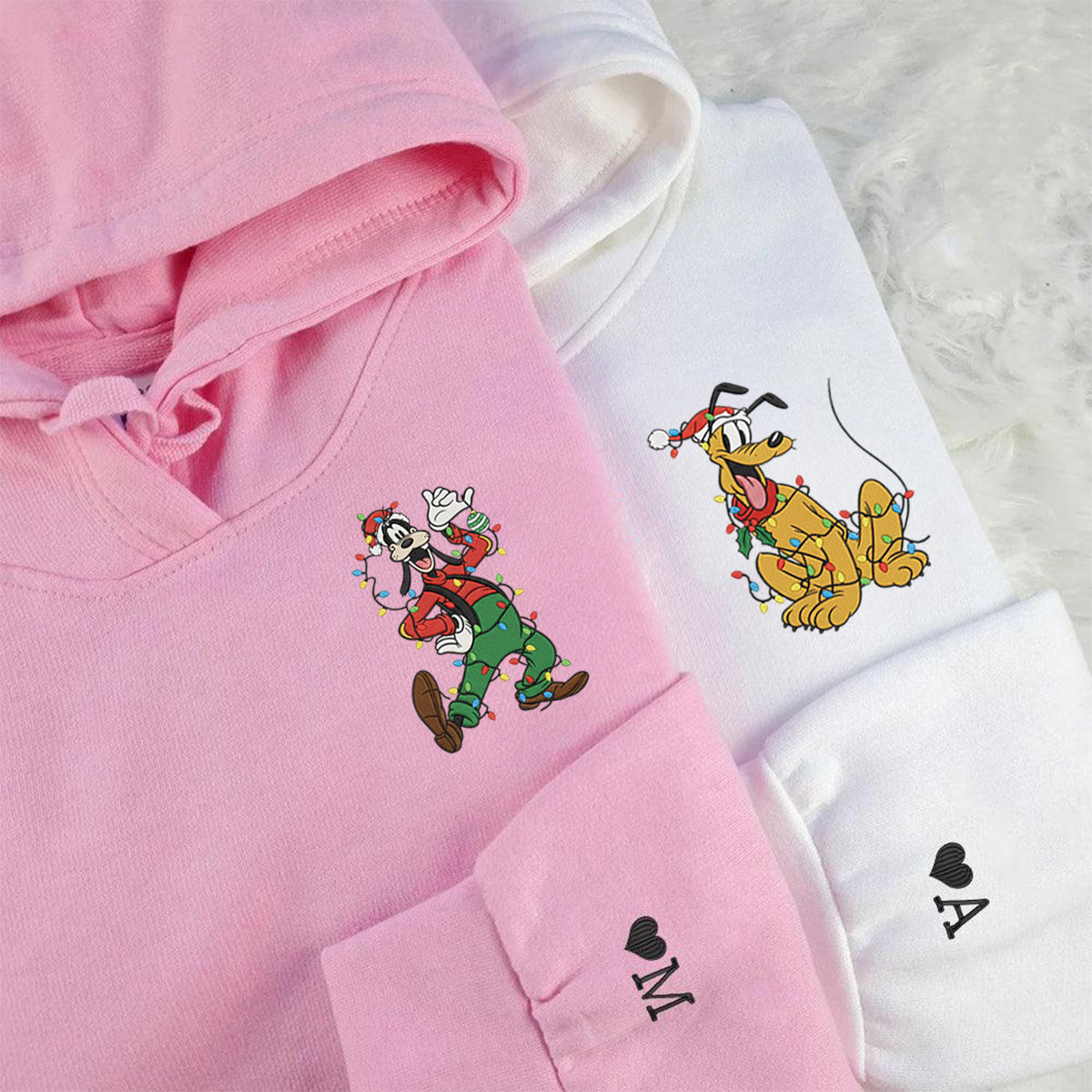 Custom Embroidered Funny Cartoon Dog and Yellow Pup Christmas Lights Sweatshirt, Cozy Holiday Hoodie Matching for Couples