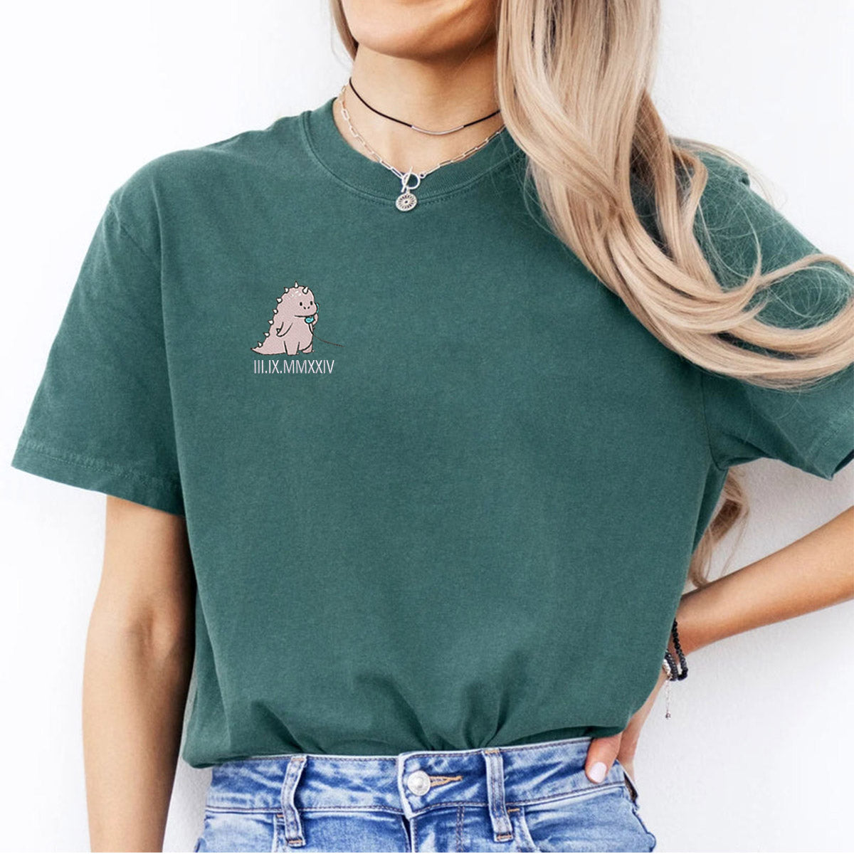 Custom Embroidered Funny Cartoon Streetwear Dinosaur Roman Numeral T-shirts for Couples