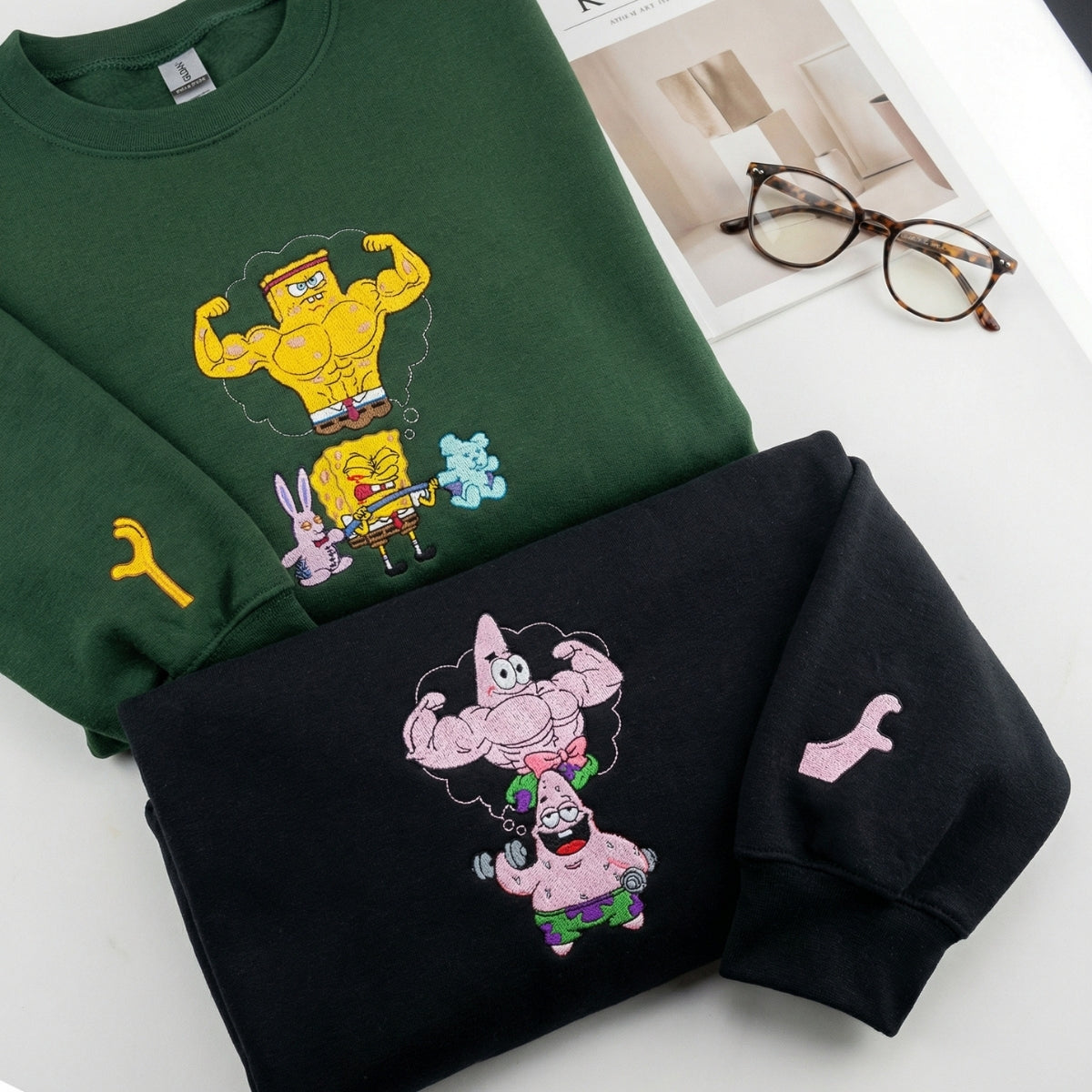 Custom Embroidered Funny Muscle Cartoon Sweatshirt - Aesthetic Kawaii Streetwear Gym Matching Couples Hoodie