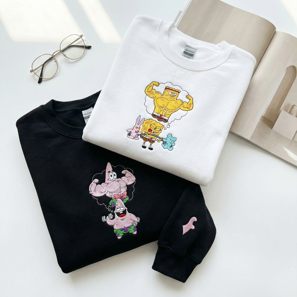 Custom Embroidered Funny Muscle Cartoon Sweatshirt - Aesthetic Kawaii Streetwear Gym Matching Couples Hoodie