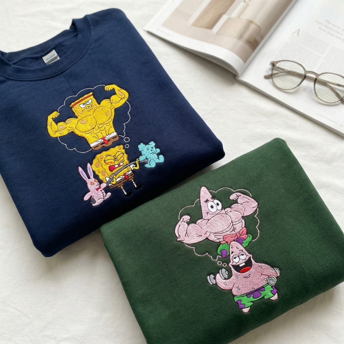 Custom Embroidered Funny Muscle Cartoon Sweatshirt - Aesthetic Kawaii Streetwear Gym Matching Couples Hoodie