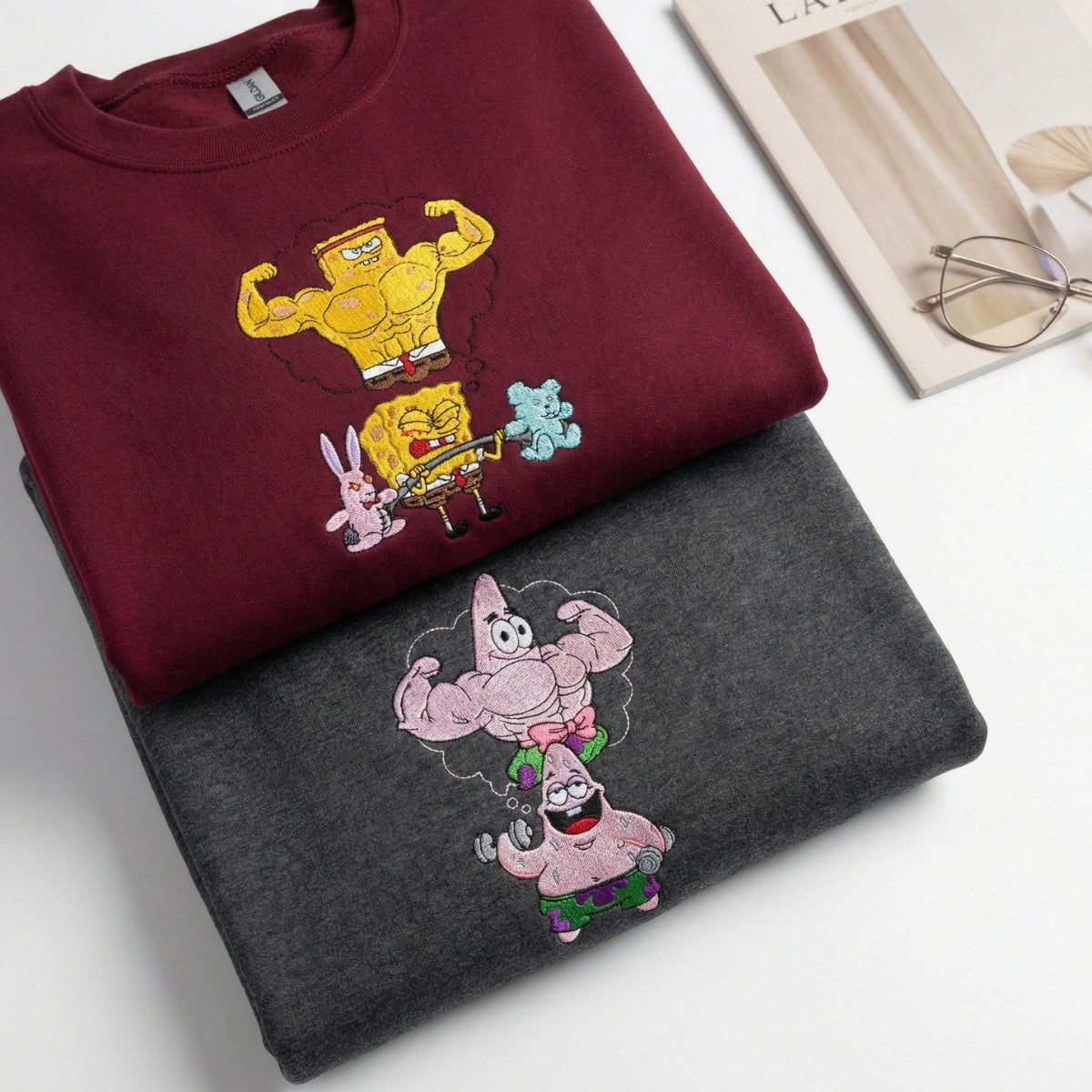 Custom Embroidered Funny Muscle Cartoon Sweatshirt - Aesthetic Kawaii Streetwear Gym Matching Couples Hoodie