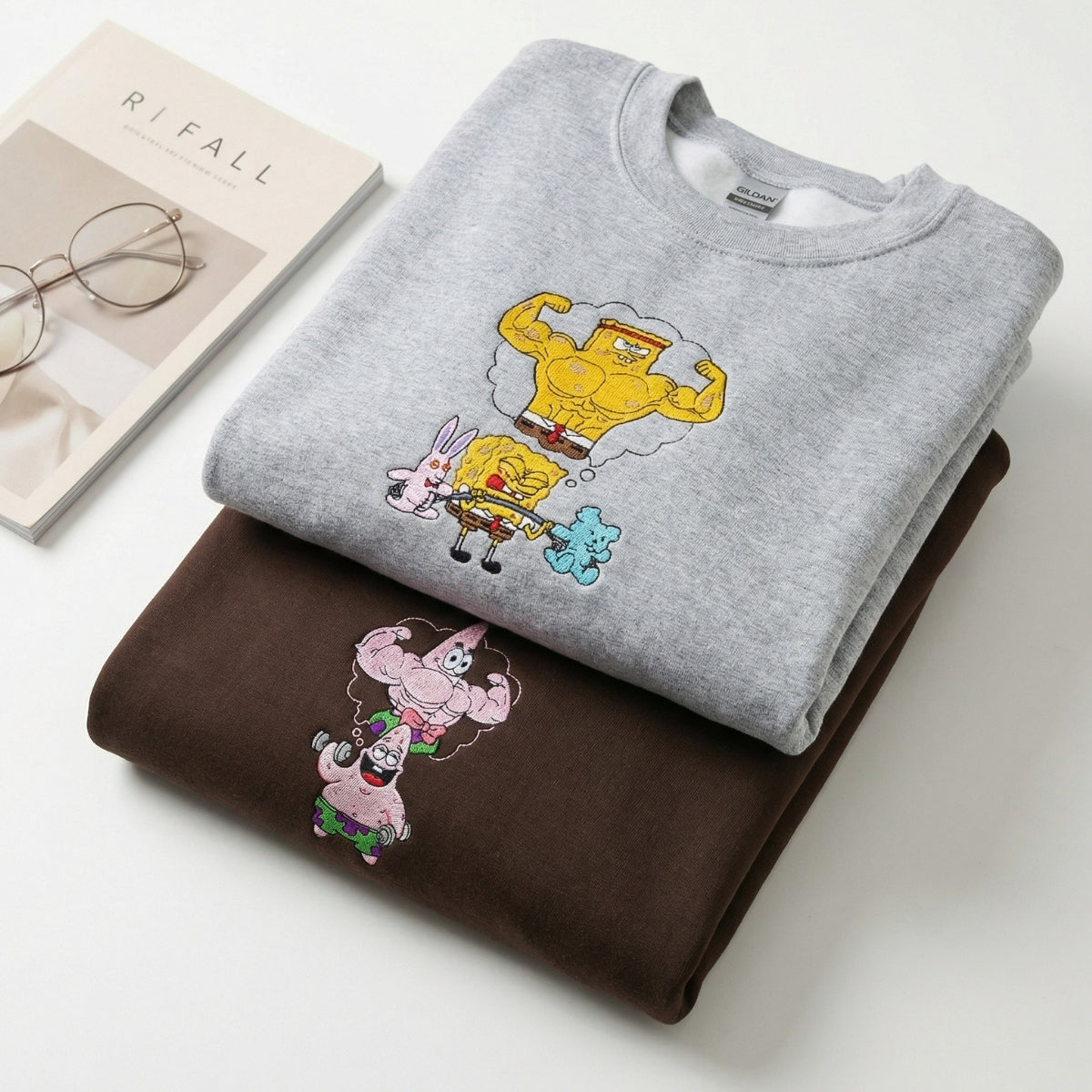 Custom Embroidered Funny Muscle Cartoon Sweatshirt - Aesthetic Kawaii Streetwear Gym Matching Couples Hoodie