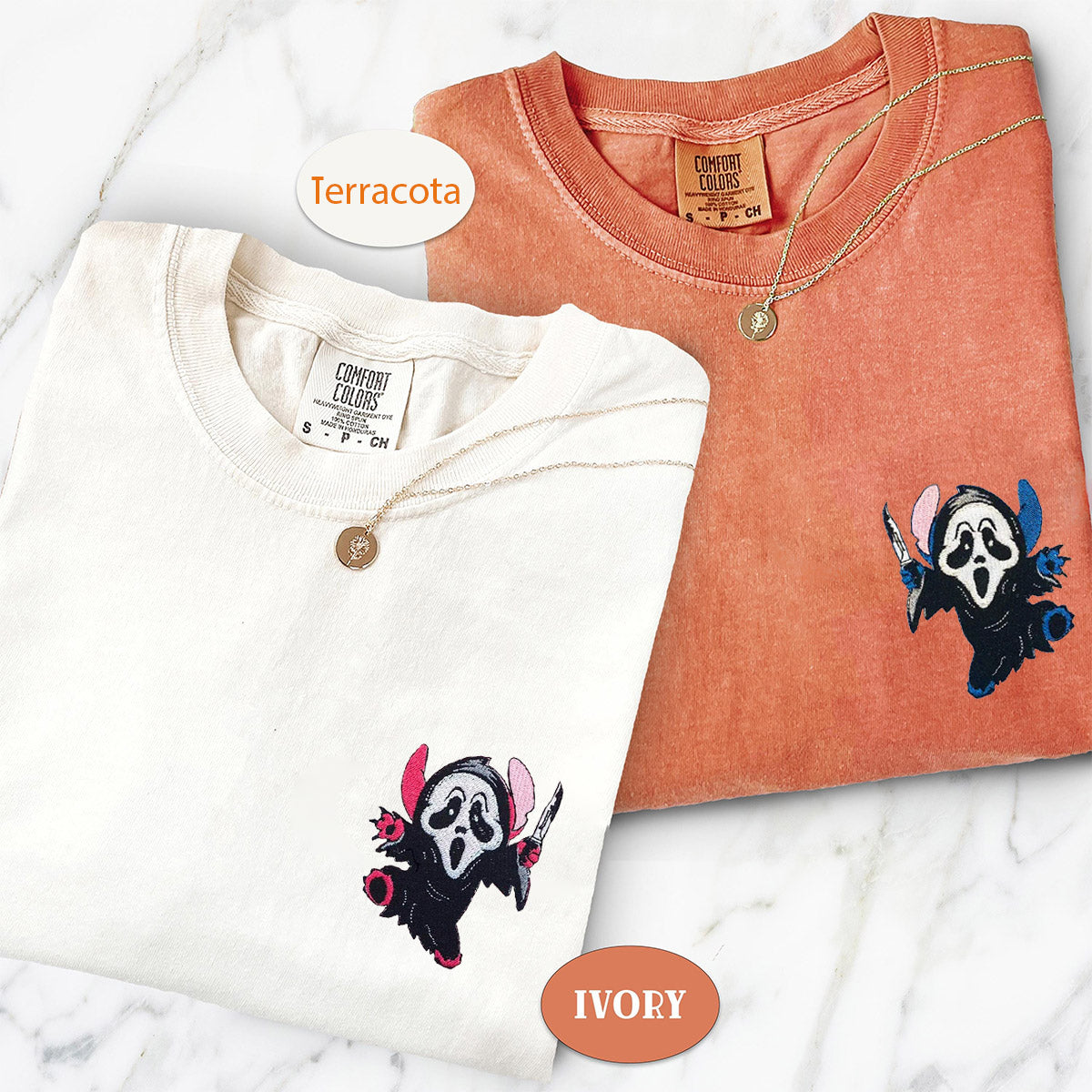 Custom Embroidered Ghost Face Cartoon Halloween Matching T-shirts for Couples