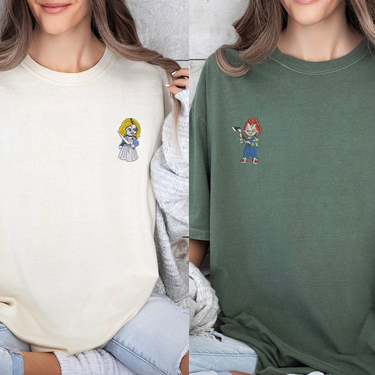 Custom Embroidered Halloween Doll Matching T-shirts for Couples