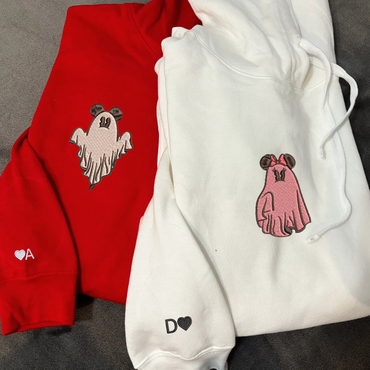 Custom Embroidered Halloween Hoodies For Couples, Custom Matching Couple Hoodies, Trick or Treat Ghost Mouse Couples Embroidered Hoodie