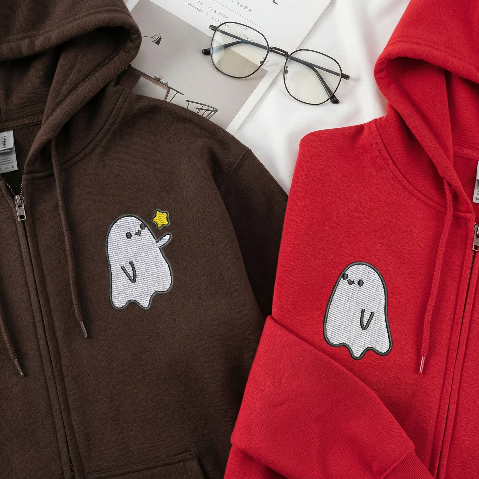 Custom Embroidered Halloween Quarter Zip Sweatshirts for Couples - Ghost Spooky Season Matching Full-Zip Hoodie