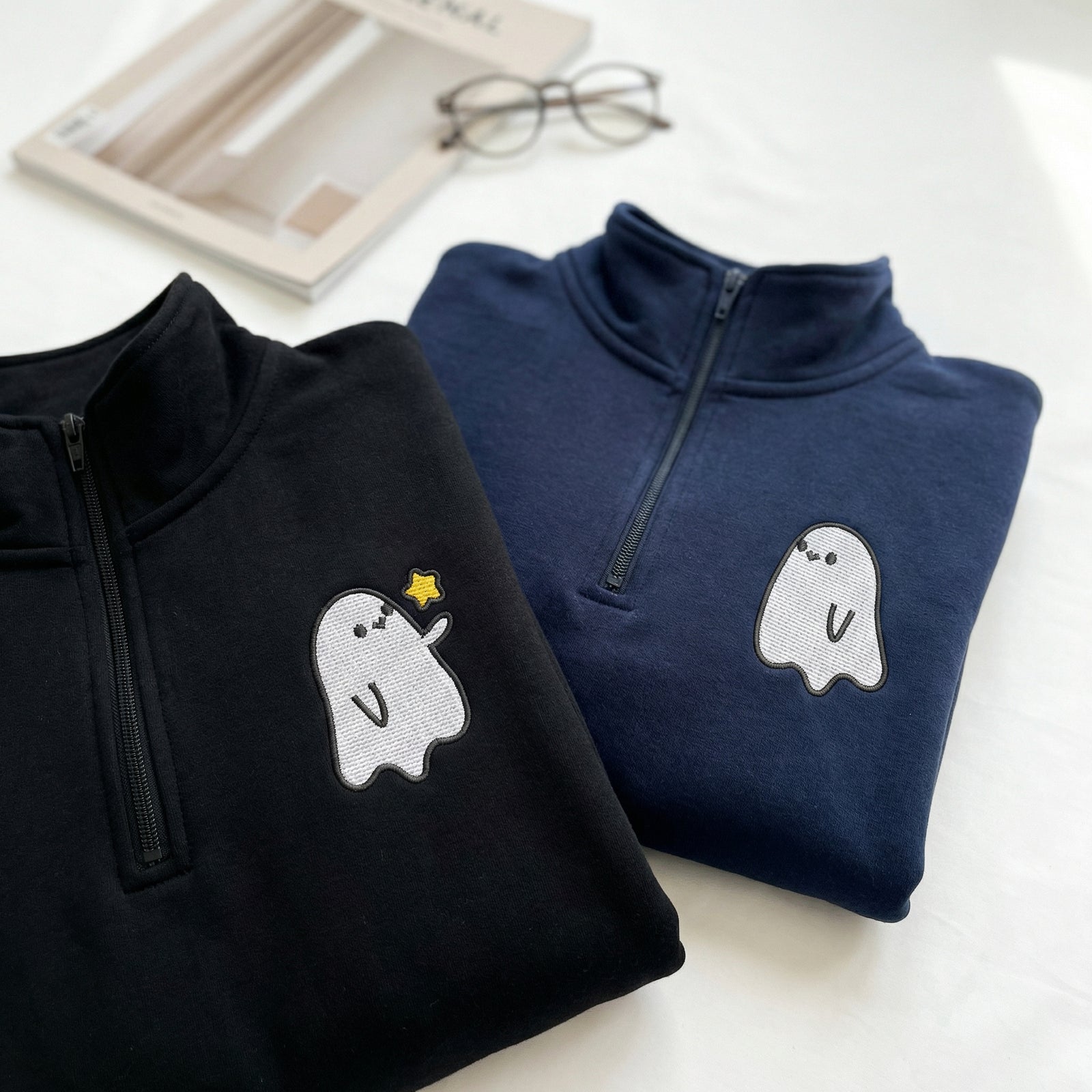 Custom Embroidered Halloween Quarter Zip Sweatshirts for Couples - Ghost Spooky Season Matching Full-Zip Hoodie